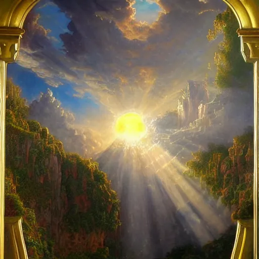 Prompt: realistic detailed view of heaven by terance james bond, russell chatham, greg olsen, thomas cole, james e reynolds, photorealistic, fairytale, art nouveau, white light, gold color, illustration, concept design, storybook layout, story board format