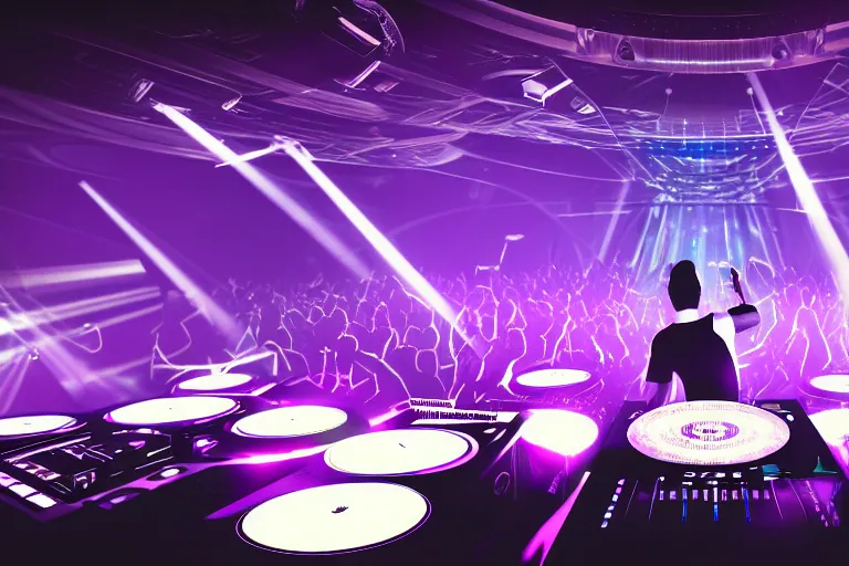 Image similar to beautiful digital art of a dj on stage spinning records with headphones looking over crowd dancing at a club by mobius, silhouette, volumetric lighting, haze, moving heads light beams, spot lights, disco ball, trending on artstation, 4k, unreal engine, intricate, ornate