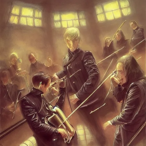 Prompt: orchestral music played by secret agents, painted by john howe, pixiv, deviantart, artstation, danbooru, illustration, realistic