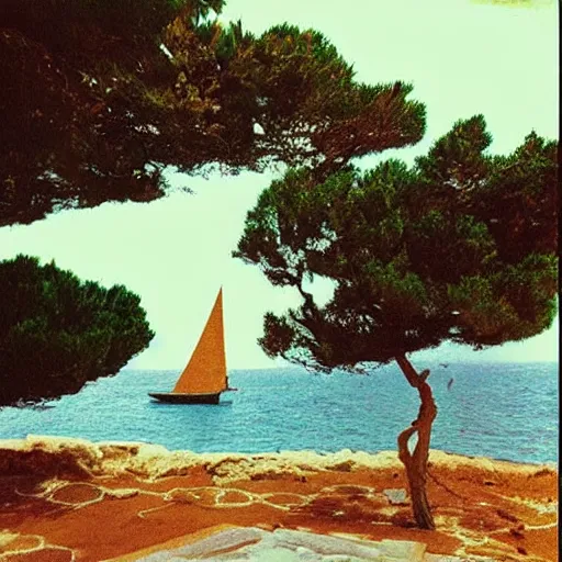 Image similar to “A photo of a beach and a french garden in 1993, tarot-like landscape it's lit by the camera flash. Surreal Greek architecture, mason, occult tarot symbols. Far away sail boat at the ocean”