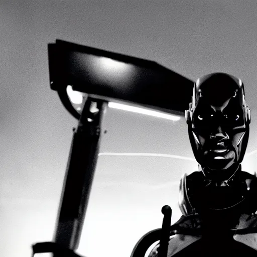 Image similar to movie still of man super villain cyborg, cinematic composition, cinematic light, by david lynch