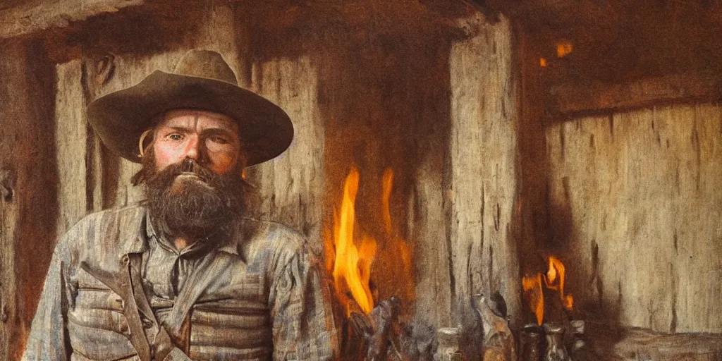Prompt: in an old west cabin, close up shot a rugged, bearded cowboy standing (alone) at his fireplace, in the style of Fredrick Remington, oil painting