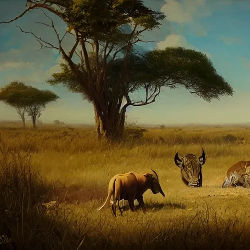 Prompt: manticor resting in the savanna, oil painting, by Greg Rutkowski