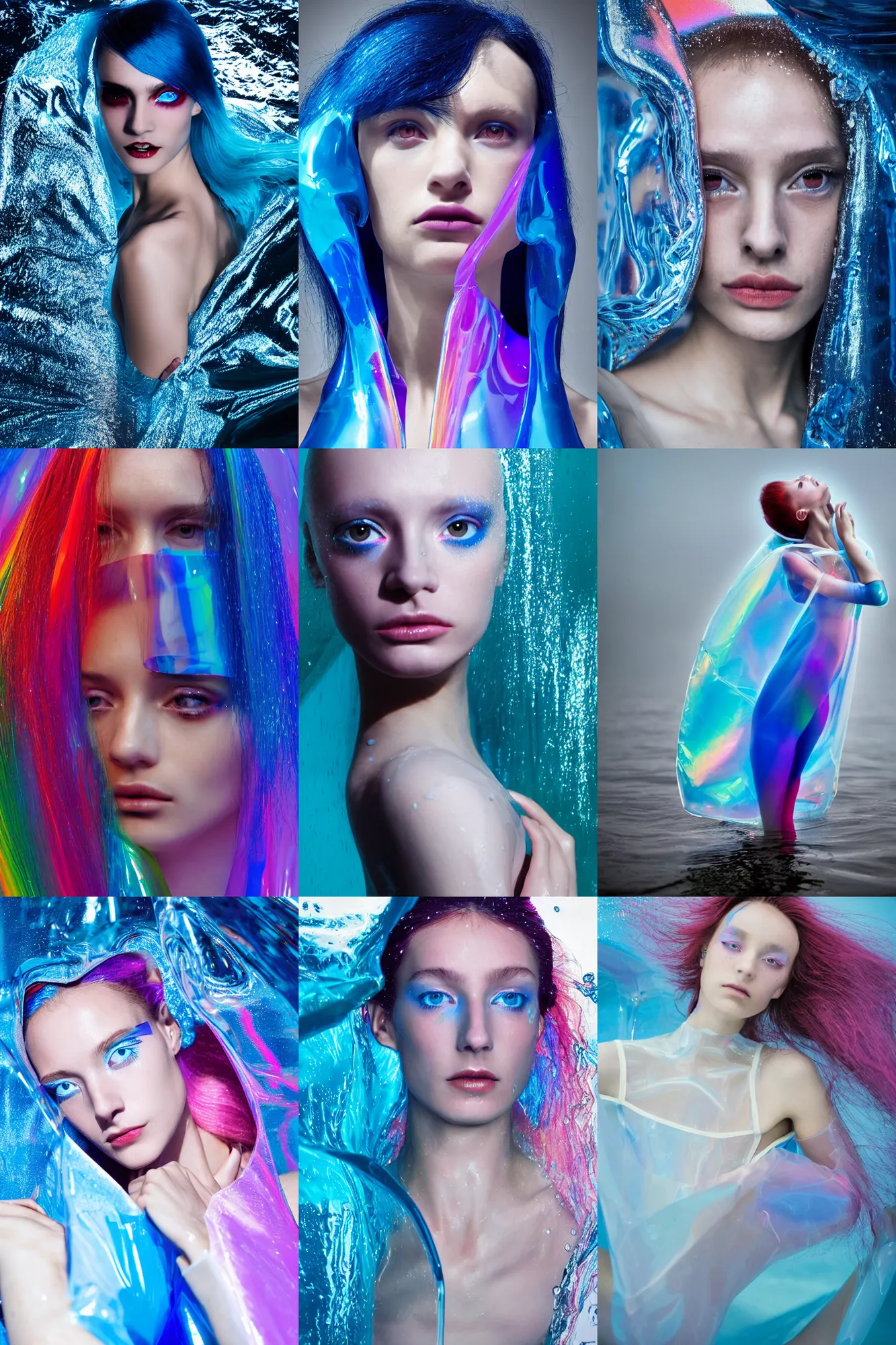 Prompt: Beautiful Jacques Bodin Fashion photography extreme closeup portrait of feminine ballet dancer half submerged in heavy nighttime paris floods, water to waste, wearing a translucent refracting rainbow diffusion wet plastic zaha hadid designed specular highlights raincoat, épaule devant pose;blue hair;oversized anime eyes;petite; by Nabbteeri, épaule devant pose, ultra realistic, Kodak , 4K, 75mm lens, three point perspective, chiaroscuro, highly detailed, by moma, by Nabbteeri