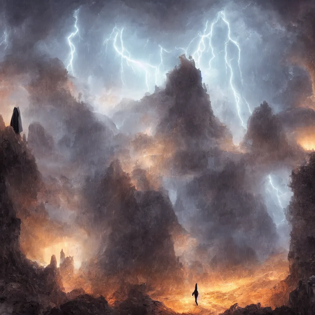 Image similar to a still of a cloaked figure standing in the ruins of crux prime, monastery, there is lightning, blue fiery maelstrom in the distance, it is raining, digital art, artstationhq