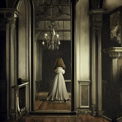 Prompt: a beautiful victorian woman is frightened by her doppleganger in a mirror. she is in a long hallway of mirrors. victorian interior, with many mirrors, elegant design, haunting atmosphere, dark lighting, gothic, horror style, swirling fog, volumetric lighting, by greg rutkowski, realistic, low angle, 3 / 4 view.