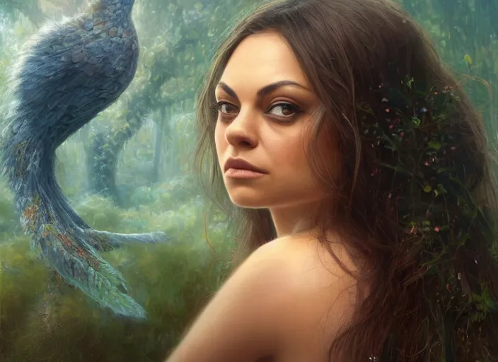 Image similar to Mila Kunis staring into the camera, misty wisps, Lilia Alvarado, Sophie Anderson, Mark Arian, Bob Byerley, Charlie Bowater, Mark Brooks, Steve Henderson, Justin Gerard, Arthur Hughes, Edward Robert Hughes, Mark Keathley, Victor Nizovtsev, Carlos Shwabe, Ross Tran, WLOP