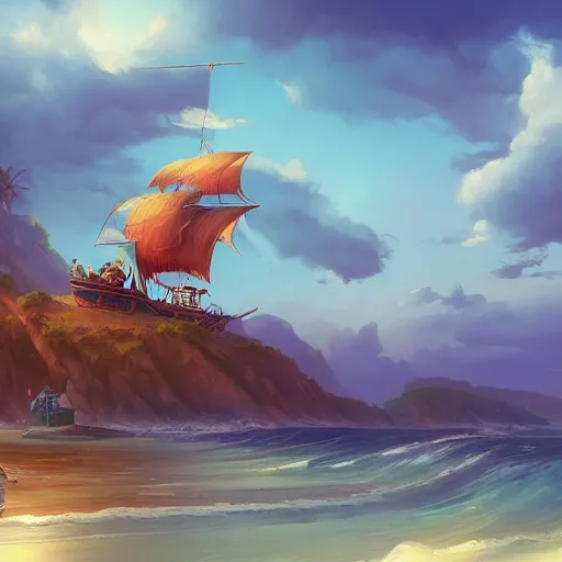 Prompt: a painting of an island with a pirate ship on it, a detailed matte painting by RHADS, cgsociety, fantasy art, matte painting, artstation hq, matte drawing