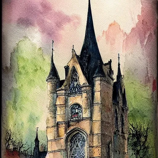 Image similar to (((((((watercolor sketch of Gothic revival castle gatehouse. painterly, book illustration watercolor granular splatter dripping paper texture. pen and ink))))))) . muted colors. by Jean-Baptiste Monge !!!!!!!!!!!!!!!!!!!!!!!!!!!!!!!!!!!!!!!!