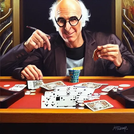 Image similar to larry david playing poker while wearing a batman costume and tripping on lsd, money, poker, cards, larry david, curb, elegant, intricate, digital painting, artstation, concept art, smooth, sharp focus, illustration, art by artgerm and greg rutkowski and alphonse mucha