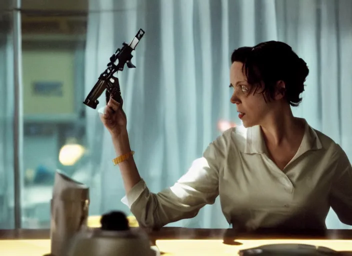 Prompt: cinematic screenshot of panicked olivia coleman holds up a heavy black handgun in her left hand, standing paranoid in classic diner, scene from the tense thriller film ( 2 0 0 1 ) directed by spike jonze, dramatic backlit window, volumetric hazy lighting, moody cinematography, 3 5 mm kodak color, anamorphic wide angle lens