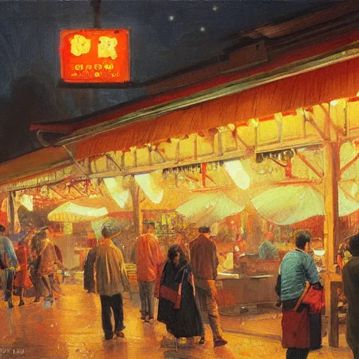 Image similar to a hawker centre at night, by tom lovell