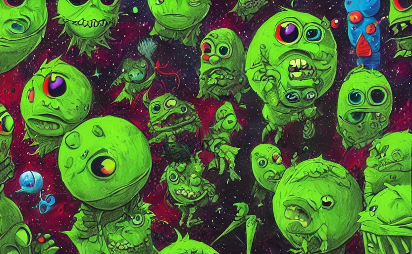 Prompt: an army of different green tennis ball monsters, in space, digital art, fantasy, magic, chalk, chalked, trending on artstation, ultra detailed, detailed, fine details, professional illustration by basil gogos