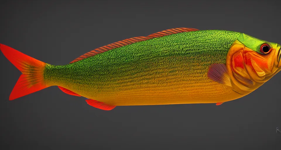 Image similar to a beautiful painting of a redfin perch, octane render, brilliantly coloured, intricate, ultra wide angle, trending on artstation, black light, volumetric lighting, ray lighting from top of frame, crepuscular ray lighting from above, dynamic lighting, muted colors, polished, micro details, ray tracing, 8 k