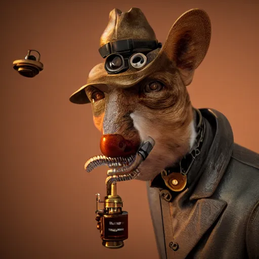 Prompt: 3D photorealistic render of a steampunk taxidermist, connected trough wired, on a advanced lab, octane render, 4k, unreal 5, very detailed, trending on artstation