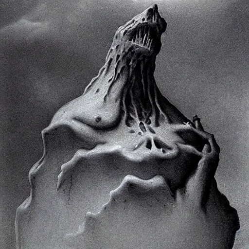 Prompt: ice monster, dark, monochrome by zdzisław beksiński