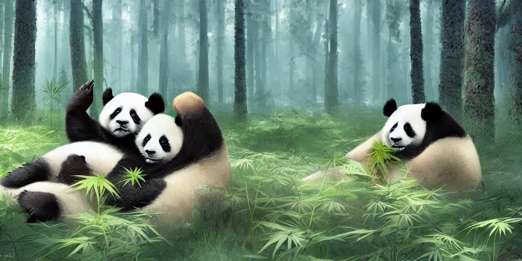 Image similar to beautiful aesthetic digital illustration of a relaxed panda surrounded by an endless forest of weed wlop and Julia Razumova, realistic, photorealistic, hyperrealistic, unreal engine, octane, deviantArt, trending on artstation, artstation HQ