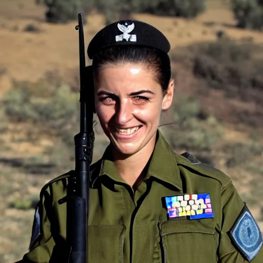 Prompt: a female israeli defence force soldier holding a stapler to her head and smile by donato gianocola