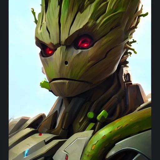 Image similar to greg manchess portrait painting of armored groot as overwatch character, medium shot, asymmetrical, profile picture, organic painting, sunny day, matte painting, bold shapes, hard edges, street art, trending on artstation, by huang guangjian and gil elvgren and sachin teng