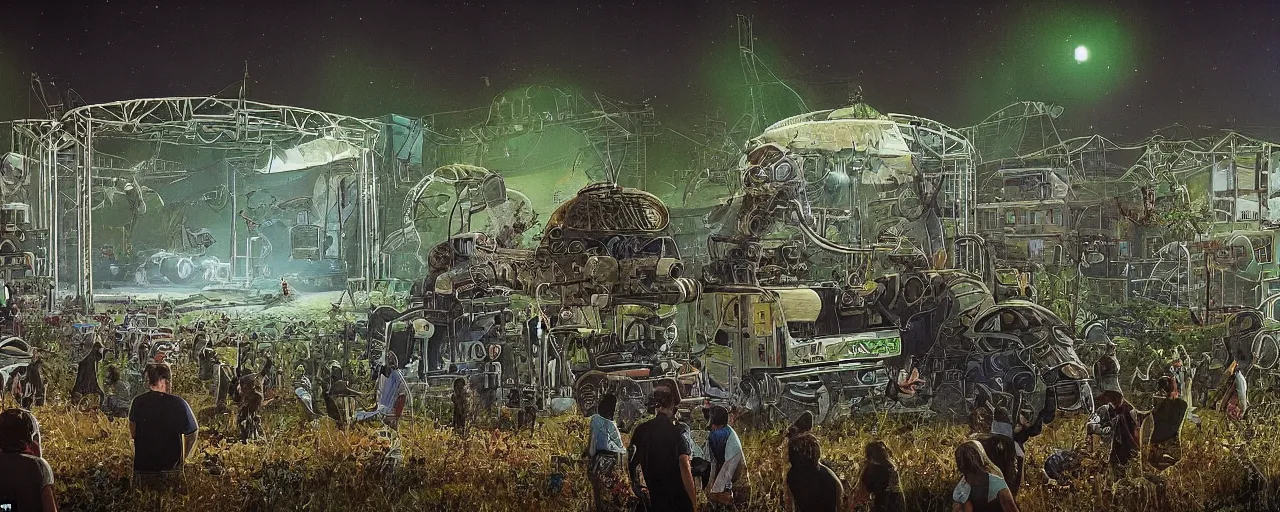 Image similar to a festival with aliens on stage and in the audience. the festival takes place in an old abandoned soviet city that is partially overgrown, in the style of simon stalenhag