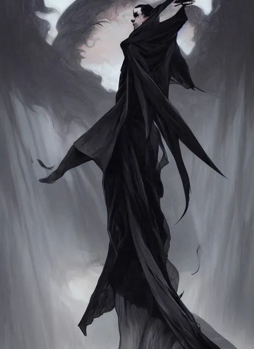 Image similar to goth tall man with wind swept black hair wearing a long flowing black cape , intricate, elegant, highly detailed, digital painting, artstation, concept art, smooth, sharp focus, illustration, art by artgerm and greg rutkowski and alphonse mucha and francisco goya