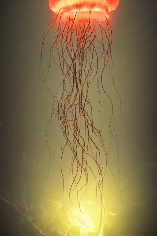 Image similar to one abyssal luminescent scary jellyfish swimming in the dark depths of the ocean, horror, dark art, 3 d render, digital art, digital painting, volumetric light by moebius.