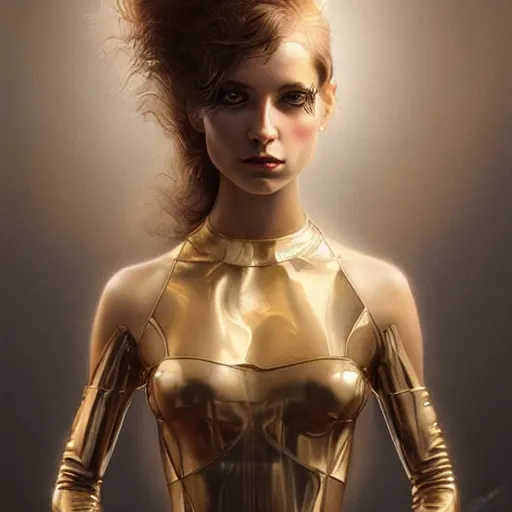 Image similar to Epic cinematic portrait of a very beautiful dollpunk female wearing Abstract tech bodysuit, focus, realistic eyes, symmetric body features proportions, golden ratio, ultra intricate details, award winning, unreal render, by Tom Bagshaw