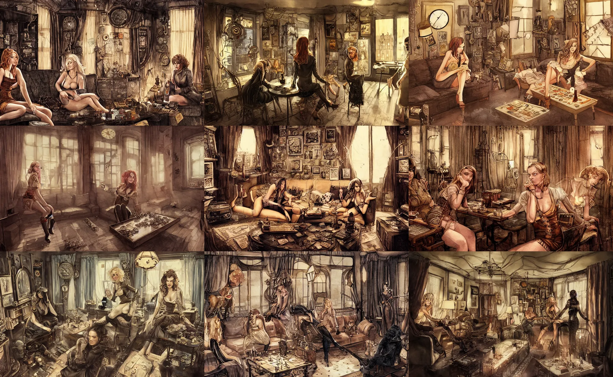 Prompt: women in the interior of a steampunk apartment, Milo Manara, night time, Margot Robbie, Scarlett Johanson, zoey Deschannel, smoking cigarettes, playing board games, highly detailed, pencil and watercolor, Tarantino movie posters, melancholy, level design, concept art, artstation, cgsociety, zenith view