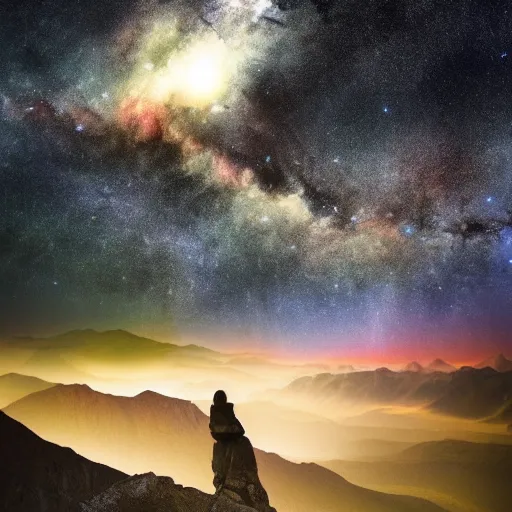 Prompt: dreamscape of a nomad climbing mountains under galactic skies