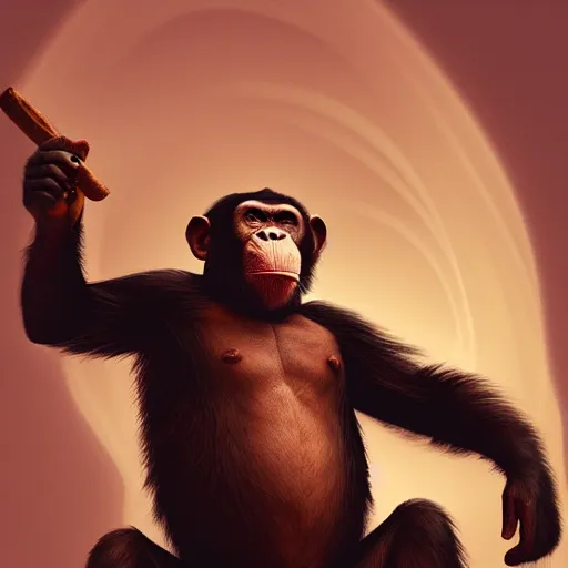 Image similar to a chimp wearing a suit smoking a cigar, dramatic lighting, cinematic, establishing shot, extremly high detail, photorealistic, cinematic lighting, artstation, style by James Gurney