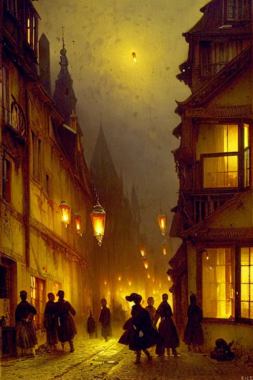 Image similar to detailed painting of a street of saint malo after a bombing, lanterns glowing, dusk, filigree ornaments, andreas achenbach