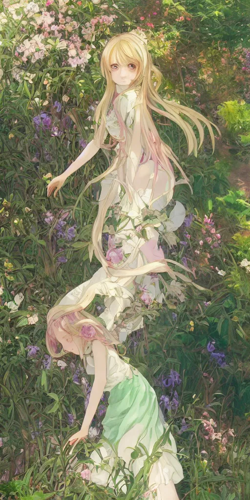 Image similar to a digital art of a loli with long hair in a dress in the privet garden at after noon, green and warm theme, back lighting, by krenz cushart and mucha and akihito yoshida and greg rutkowski and makoto shinkai, graphic design, extremely long shot, detailed eyes, 4 k resolution, trending on art station