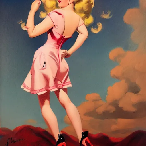 Image similar to a painting in the style of gil elvgren and in the style of james jean.
