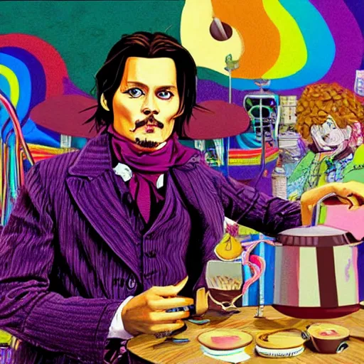 Prompt: Johnny Depp is covered in a blanket and drinking tea in Willy Wonka's Chocolate Factory, Illustration, Colorful, by Lulu Chen