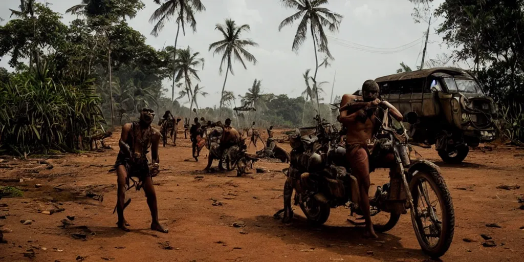 Prompt: sri lankan mad max style, jungle, film still, epic shot cinematography, rule of thirds