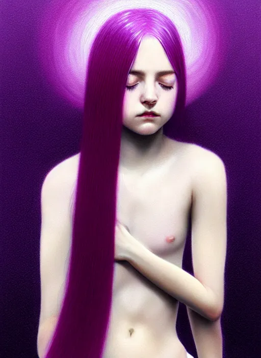 Image similar to hair whitebangs hair, black hair, whitebangs, portrait of teenage girl with white bangs, red irises, purple clothes, white bangs, bangs are different color from hair, intricate, elegant, glowing lights, highly detailed, digital painting, artstation, concept art, smooth, sharp focus, illustration, art by wlop, mars ravelo and greg rutkowski