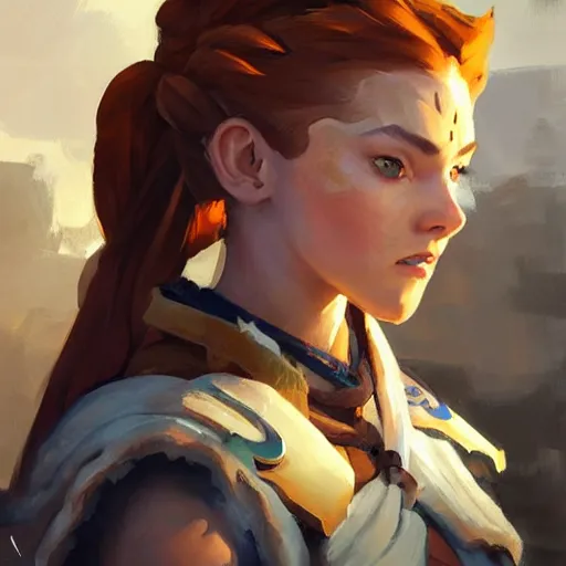 Image similar to greg manchess portrait painting of a aloy as overwatch character, medium shot, asymmetrical, profile picture, organic painting, sunny day, matte painting, bold shapes, hard edges, street art, trending on artstation, by huang guangjian and gil elvgren and sachin teng
