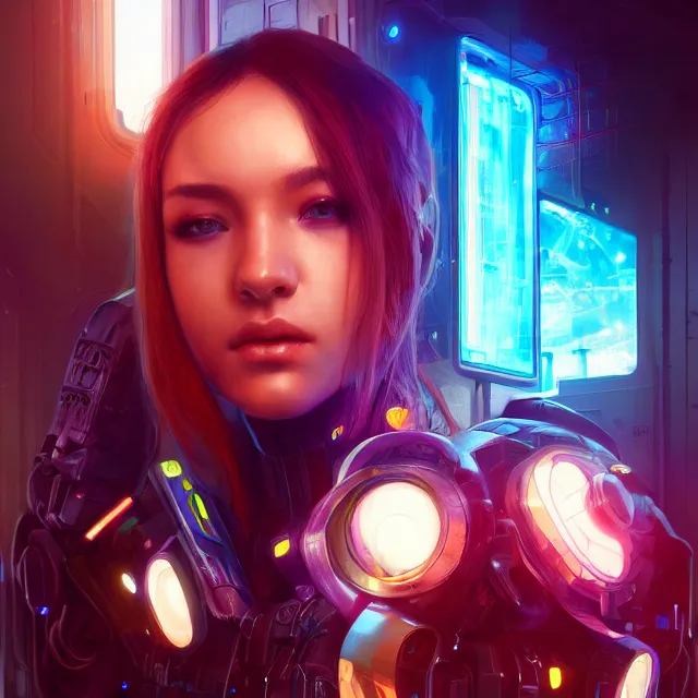 Prompt: portrait of beautiful augmented cyberpunk girl, fire city, volumetric lighting, ray tracing, futuristic, sharp focus, vibrant, vivid, symmetry, highly detailed, 4 k digital painting, detailed skin, raytracing, artistic, concept art by artgerm, greg rutkowski, alphonse mucha, unreal engine render,