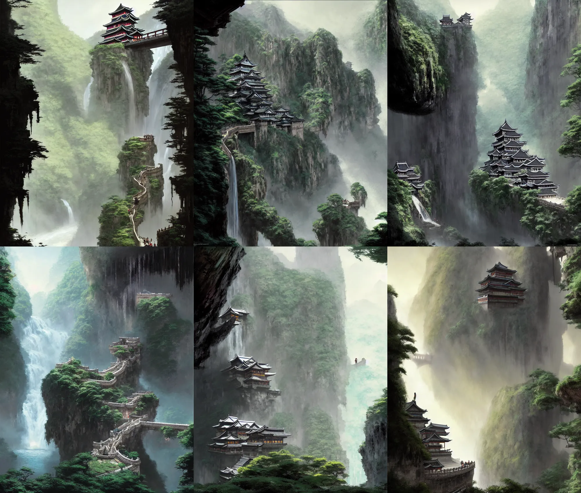 Prompt: establishing wide shot inside han son doong with waterfalls on either side of the cliff walls, at the top of the cliff is a japanese castle, a cloister is built into the cliff walls, an old suspension bridge spans the walls, dawn lighting, detailed concept art by greg rutkowski and eddie mendoza and raphael lacoste