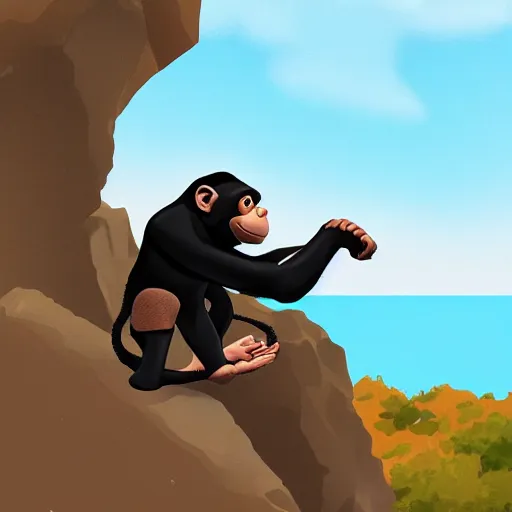 Prompt: chimp prevents himself from falling off a cliff by holding onto the cliff edge using one arm, cartoon, featured on artstation
