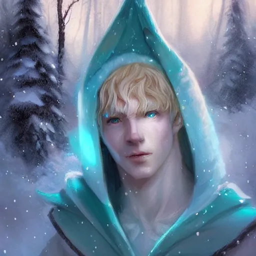 Image similar to handsome male snow elf with pointed ears in a turquoise cape as an archer, albino skin, moonlight snowing, ethereal opalescent mist, winter vibes, perfect face, elegant, very coherent symmetrical artwork, by wenjun lin, krenz cushart, charlie bowater, trending on artstation