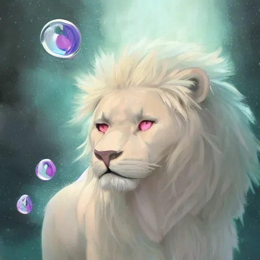 Prompt: aesthetic portrait commission of a albino male furry anthro lion surrounded by floating bubbles and floating puffy clouds while wearing a cute mint colored cozy soft pastel winter outfit with shiny pearls on it, winter Atmosphere. Character design by charlie bowater, ross tran, artgerm, and makoto shinkai, detailed, inked, western comic book art, 2021 award winning painting
