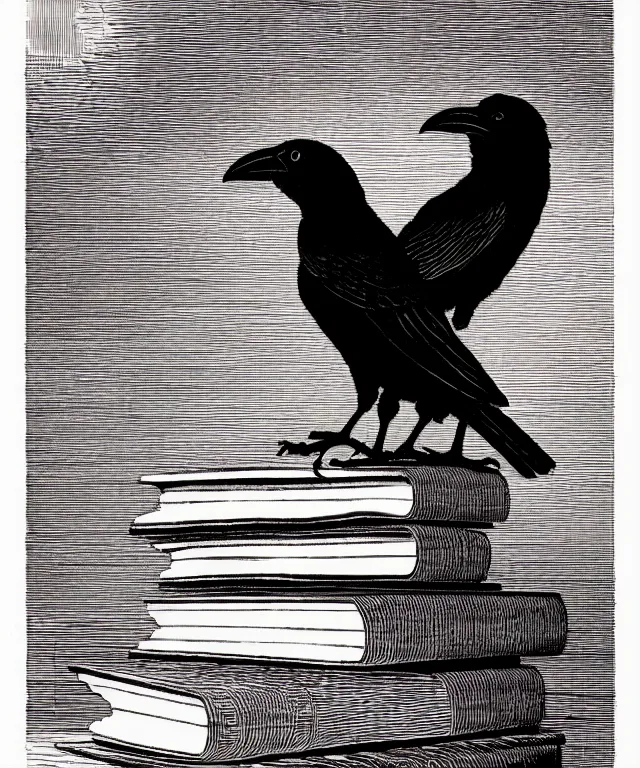 Image similar to crow perched on top of a stack of books, art by james o barr and albrecht durer, woodblock print, engraved, black and white, vector, vector art