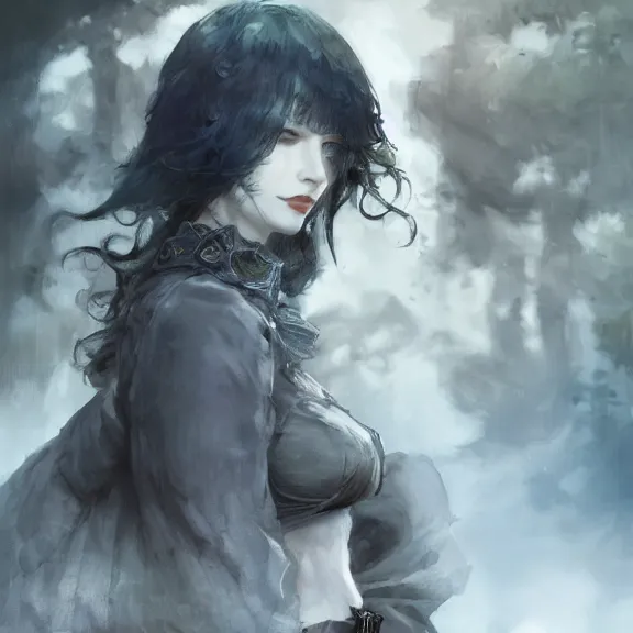 Image similar to christina hendricks!!! goth, tankoban, 4 k, tone mapping, akihiko yoshida, james jean andrei riabovitchev marc simonetti, yoshitaka amano, long hair, curly, h. hydrochaeri