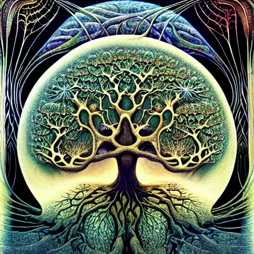 Image similar to tree of life by roger dean and andrew ferez, art forms of nature by ernst haeckel, divine chaos engine, symbolist, visionary, art nouveau, botanical fractal structures, lightning, surreality, lichtenberg figure