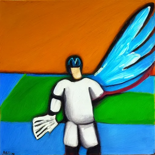 Image similar to goal keeper in the air with wings, rennasainse painting