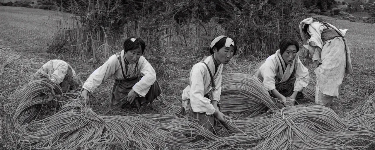 Image similar to harvesting spaghetti in rural 1 8 0 0 s japanese countryside, ultra - realistic faces, fine detail, canon 5 0 mm, in the style of ansel adams, wes anderson, kodachrome