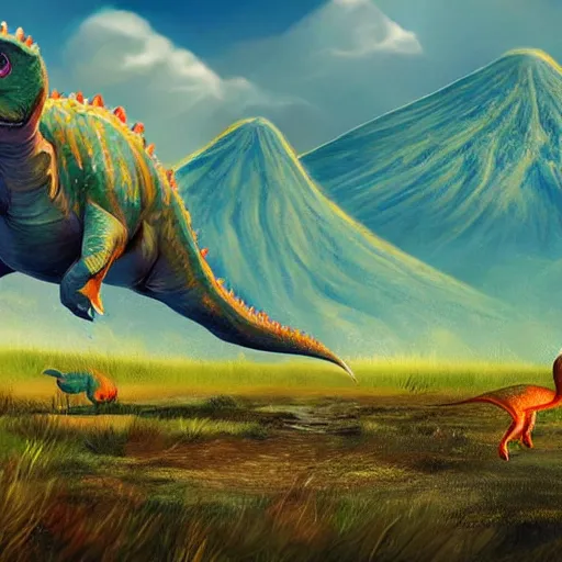 Image similar to cute dinosaurs walking around a field with a volcano in the background, concept art, illustrated, highly detailed, high quality, bright colors, optimistic,