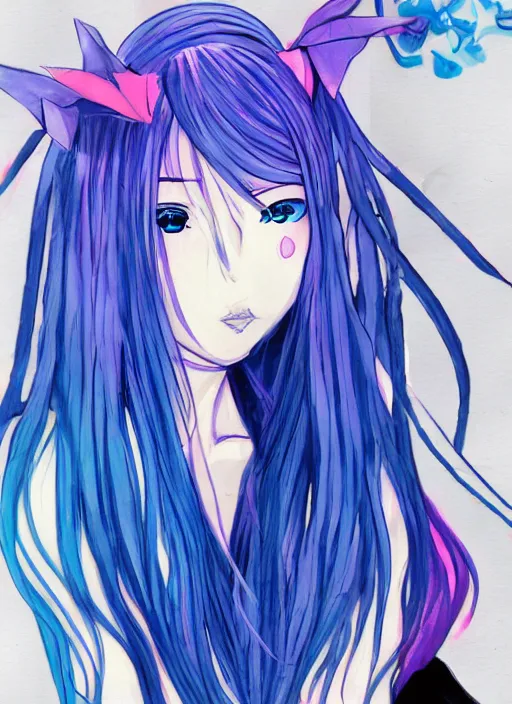 Image similar to a woman with blue hair sitting in the water, an anime drawing by yuumei, featured on pixiv, rayonism, pixiv, seapunk, anime