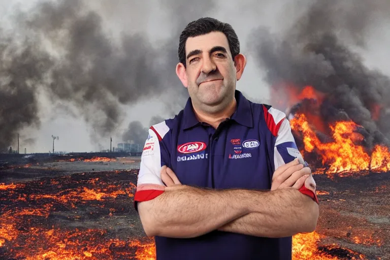 Prompt: a photo of Dan Andrews standing in front of Melbourne as it burns to the ground